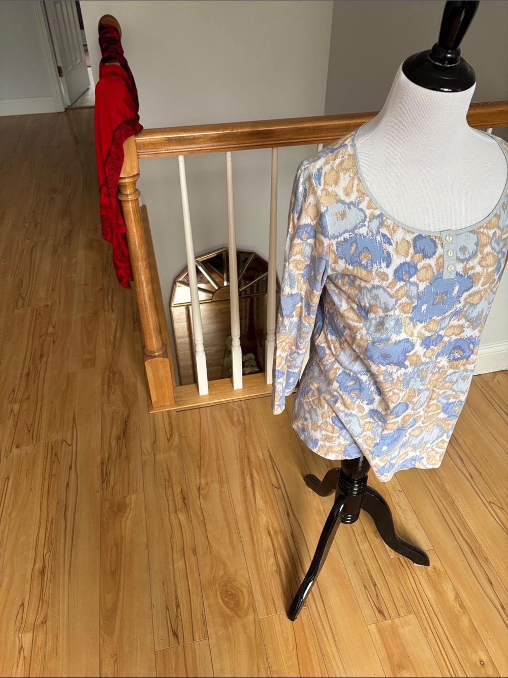 J. Jill Scoop Neck Floral Long Sleeve Top in Light Blue and Cream - Picture 2 of 6